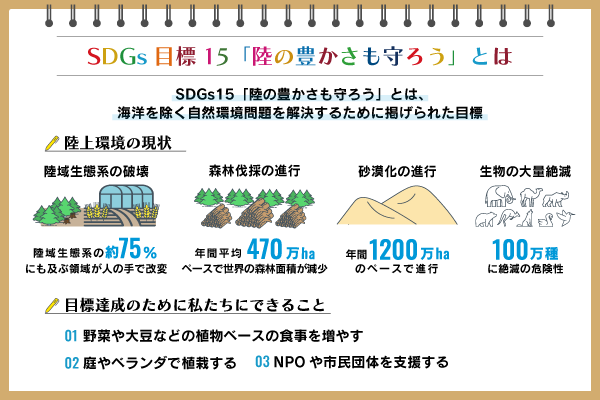 SDGs目標15「陸の豊かさも守ろう」とは？取り組みや私たちにできること